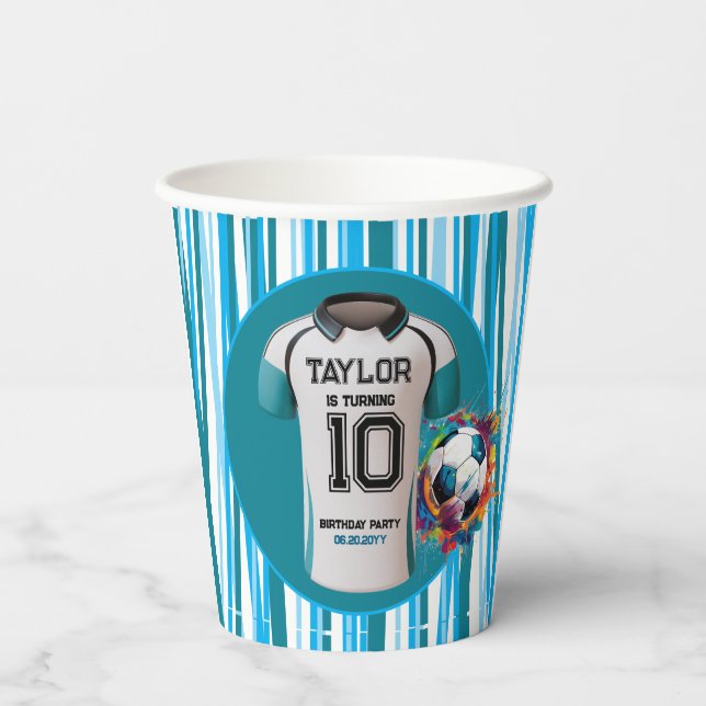  blue soccer Sports Boy Jersey Kids Birthday Party Paper Cups (Back)