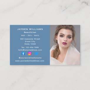 Blue Social Media Beautician Cosmetologist Photo Business Card
