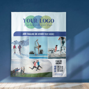 Blue Social Media Icons Logo Photos QR Promo Tapestry