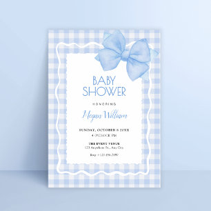Blue soft plaid bow baby shower invitation