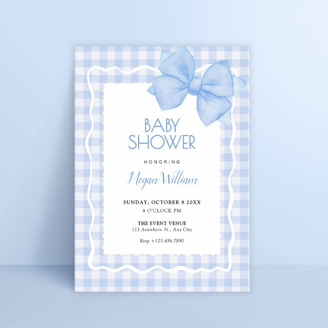 Blue soft plaid bow baby shower invitation (Creator Uploaded)