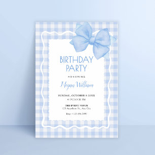 Blue soft plaid bow birthday invitation