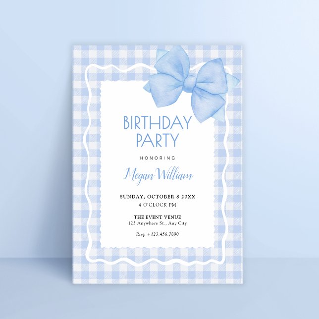 Blue soft plaid bow birthday  invitation (Creator Uploaded)
