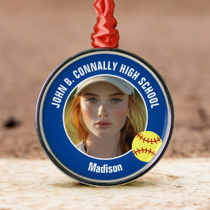 Blue Softball Player Photo High School Christmas Metal Tree Decoration