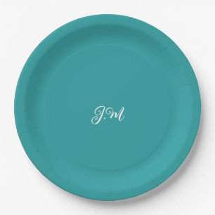Blue solid colour trendy pastel initials name paper plate