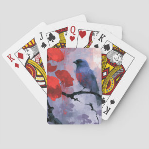 Blue Songbird with Cherry Red Blossoms Playing Cards