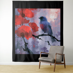 Blue Songbird with Cherry Red Blossoms Tapestry