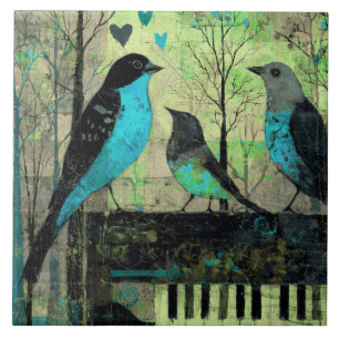 Blue Songbirds Perched On Vintage Piano Tile