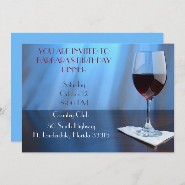 Blue Sophisticated Red wine birthday   Invitation (Front/Back)