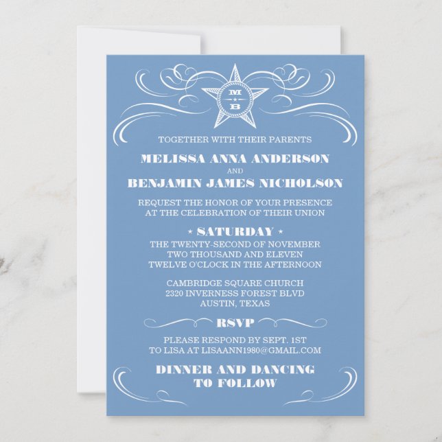 Blue Southern Style Wedding Invitations (Front)