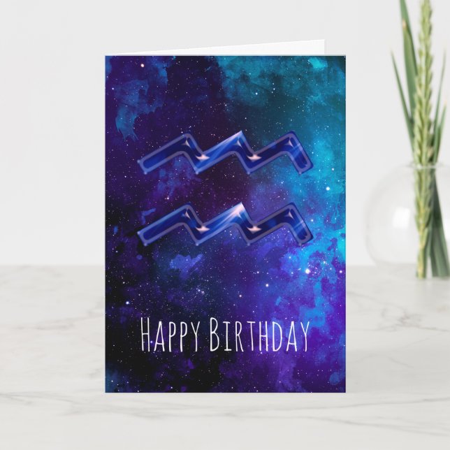 Blue Space Aquarius Birthday Card (Front)