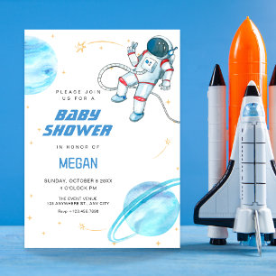 Blue space astronaut baby shower invitation