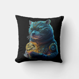 Blue Space Cat Astronaut Holds Glowing Module Cushion