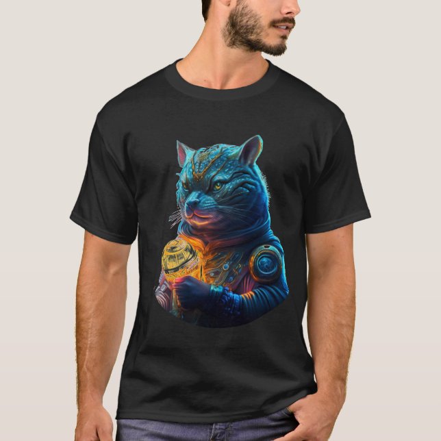 Blue Space Cat Astronaut Holds Glowing Module T-Shirt (Front)