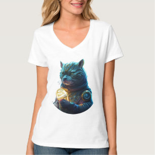 Blue Space Cat Astronaut Holds Glowing Module T-Shirt