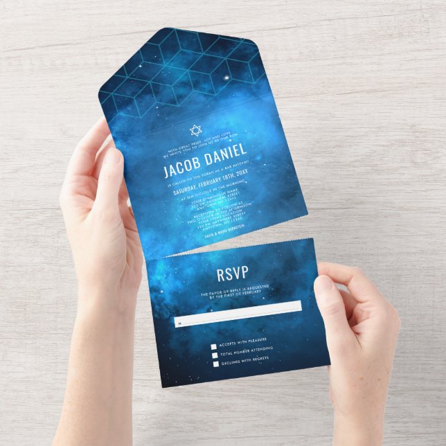 Blue Space Galaxy Bar Mitzvah All In One Invitation (Tearaway)