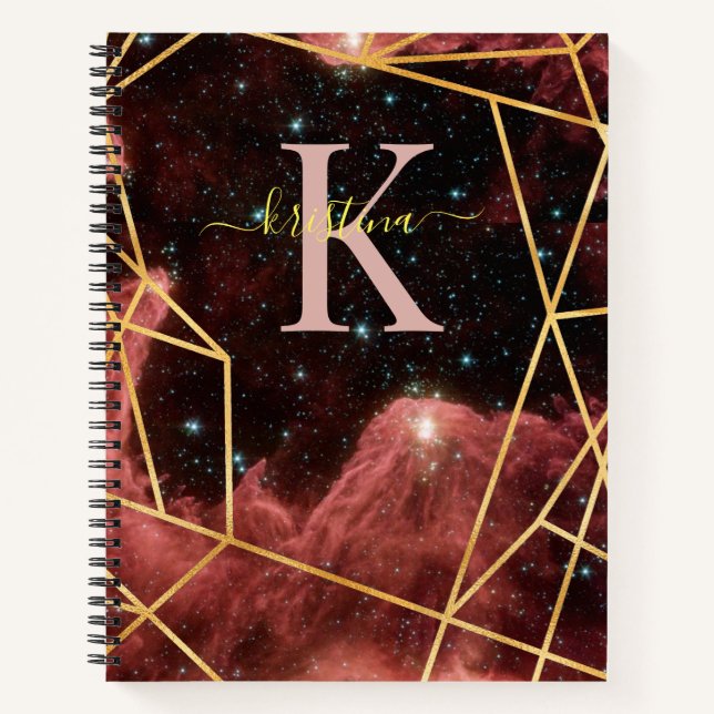Blue Space Gold Glitter Sparkle Name Monogram Notebook (Front)