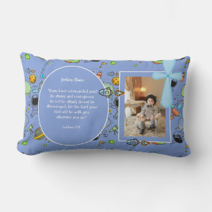 Blue Space themed BAUTIZO PHOTO Bible Verse GIFT Lumbar Cushion