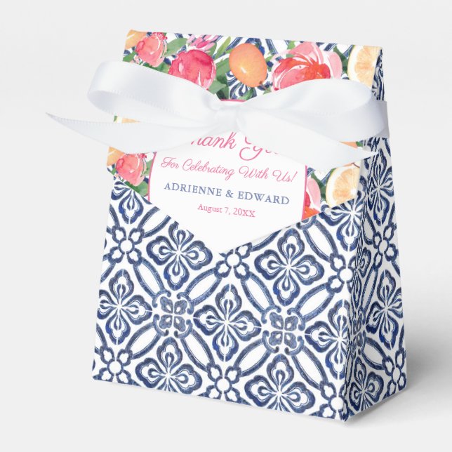 Blue Spanish Tiles Bold Florals Citrus Wedding Favour Box (Front Side)