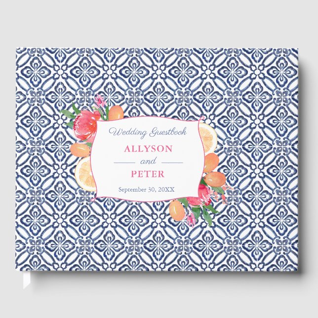 Blue Spanish Tiles With Citrus Oranges Wedding Guest Book (Front)