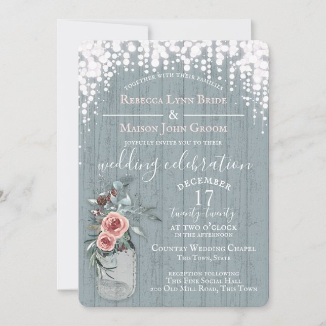 Blue Sparkle and Jar of Flowers Rustic Wedding Invitation (Front)