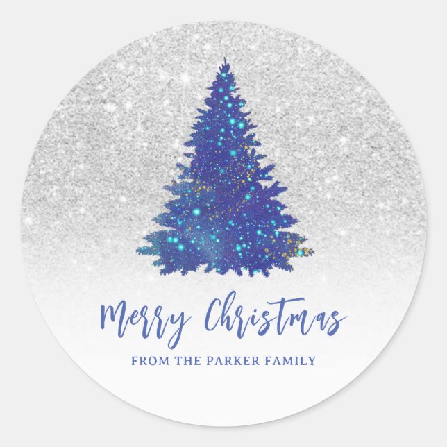 Blue Sparkle Glitter Dust Christmas Tree Classic Round Sticker (Front)