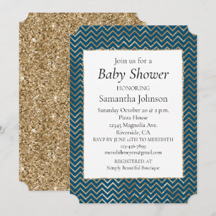 Blue Sparkle glitter Gold Zigzag Invitation