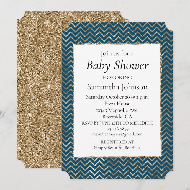 Blue Sparkle glitter Gold Zigzag Invitation (Front/Back)