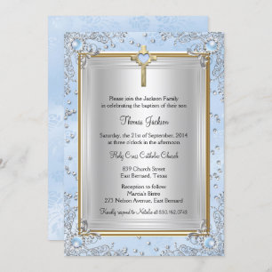 Blue Sparkle Jewel Baptism Christening Gold Invitation