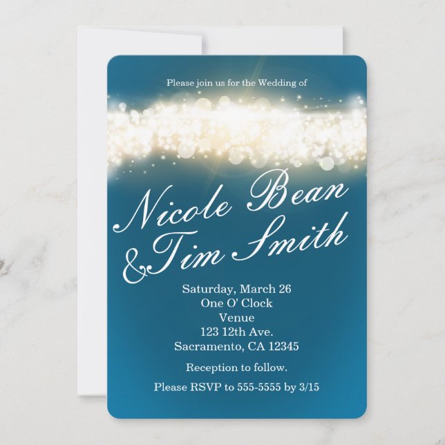 Blue Sparkle Lights Sky Blast Wedding Invitations (Front)