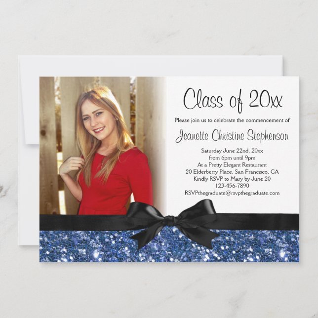 Blue Sparkle-look Ribbon Bow Photo Graduation Invitation (Front)