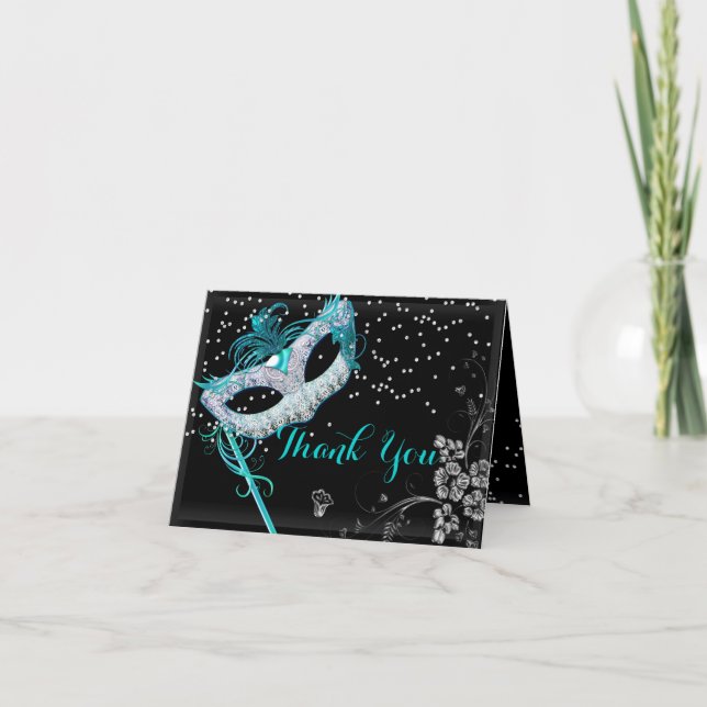 Blue Sparkle Masquerade Thank You Card (Front)