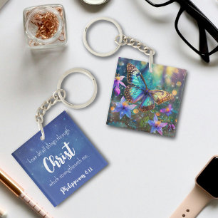 Blue Sparkle Philippians 4:13 Verse Floral Fantasy Key Ring