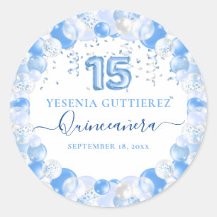 Blue Sparkle Quinceañera Balloon Classic Round Sticker