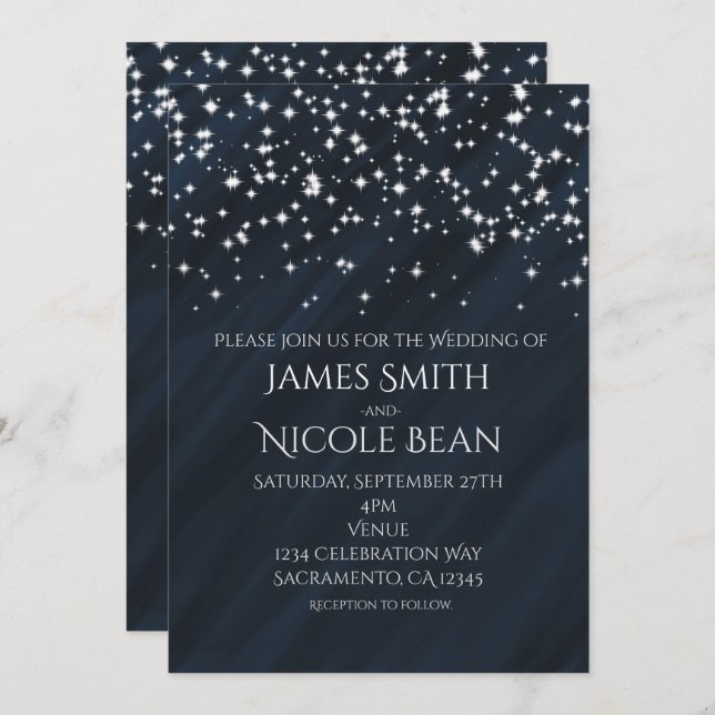 Blue & Sparkle Stars Elegant Wedding Invitations (Front/Back)