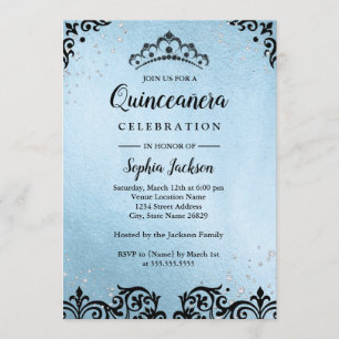 Blue Sparkle Tiara Damask Quinceanera Invitation