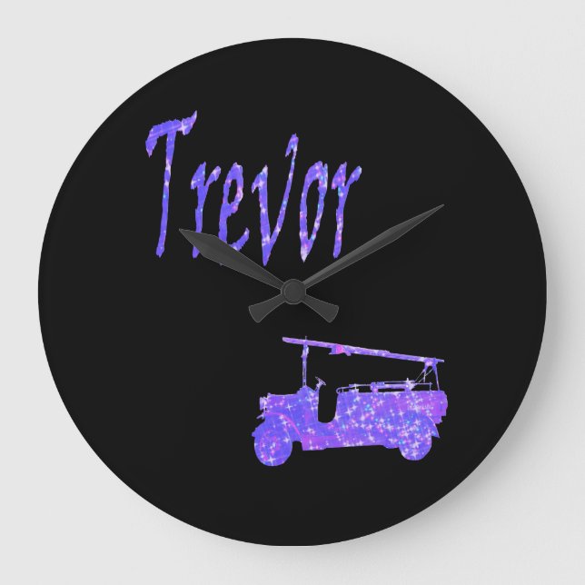 Blue Sparkle Trevor, Name, With Fire Truck,  Large Clock (Front)
