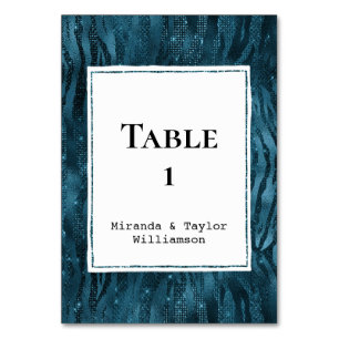 Blue Sparkle Zebra Print Table Number