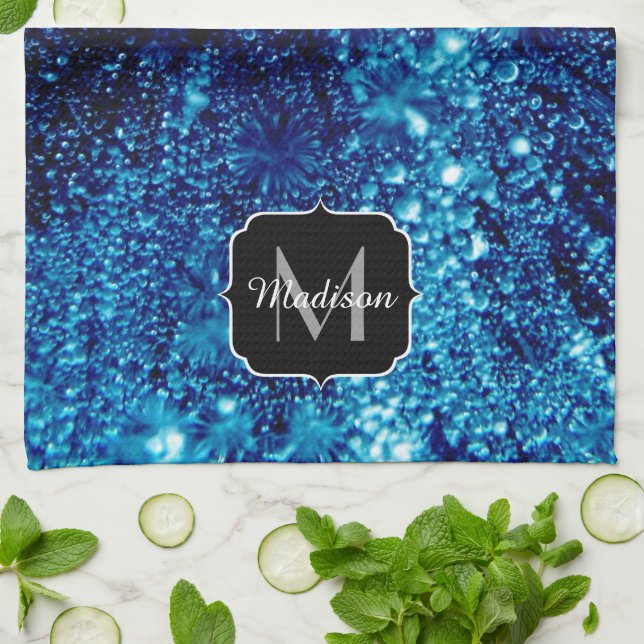 Blue sparkles Abstract Frozen bubbles Monogram Tea Towel (Folded)