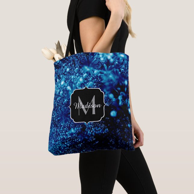Blue sparkles Abstract Frozen bubbles Monogram Tote Bag (Close Up)