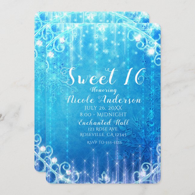 Blue Sparkling Frozen Ice Sweet 16 Birthday Party Invitation (Front/Back)