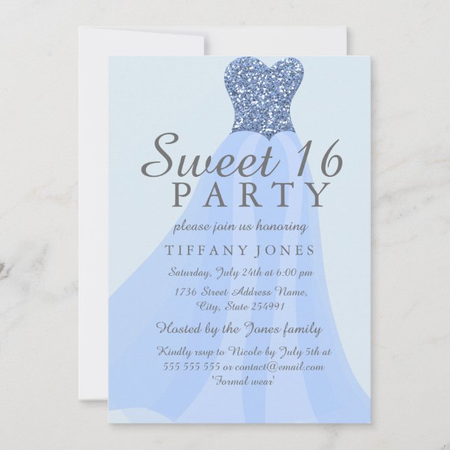 Blue Sparkling Glitter Gown Sweet 16 Invite (Front)