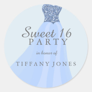 Blue Sparkling Glitter Gown Sweet 16 Party Classic Round Sticker