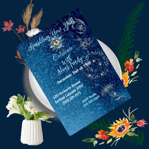 Blue Sparkling New Year Glitter Stars Floral Party Invitation