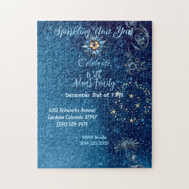 Blue Sparkling New Year Glitter Stars Floral Party Jigsaw Puzzle (Vertical)