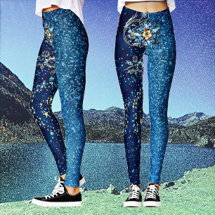 Blue Sparkling New Year Glitter Stars Floral Party Leggings