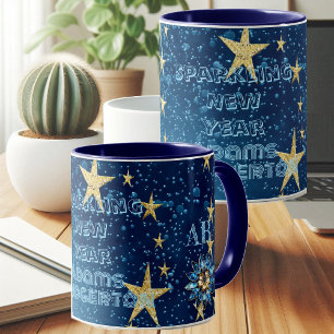 Blue Sparkling New Year Glitter Stars Floral Party Mug