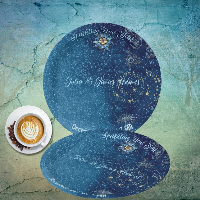 Blue Sparkling New Year Glitter Stars Floral Party Paper Plate (Blue Sparkling New Year Glitter Stars Floral Party Paper Plates)