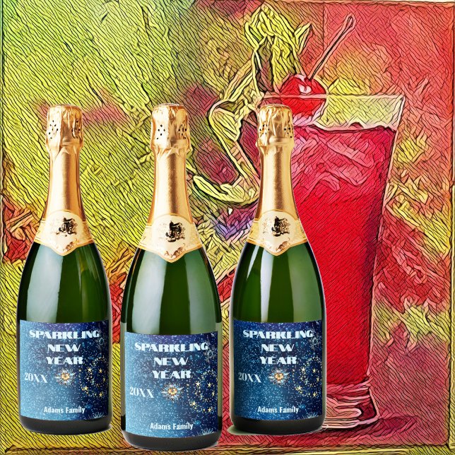 Blue Sparkling New Year Glitter Stars Floral Party Sparkling Wine Label (Blue Sparkling New Year Glitter Stars Floral Party Sparkling Wine Label)