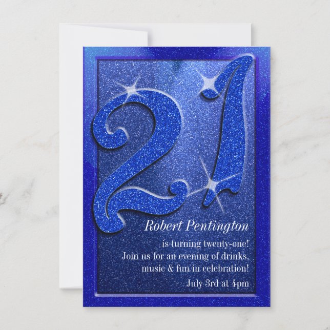 Blue Sparkly 21st Birthday Party Invitations (Front)